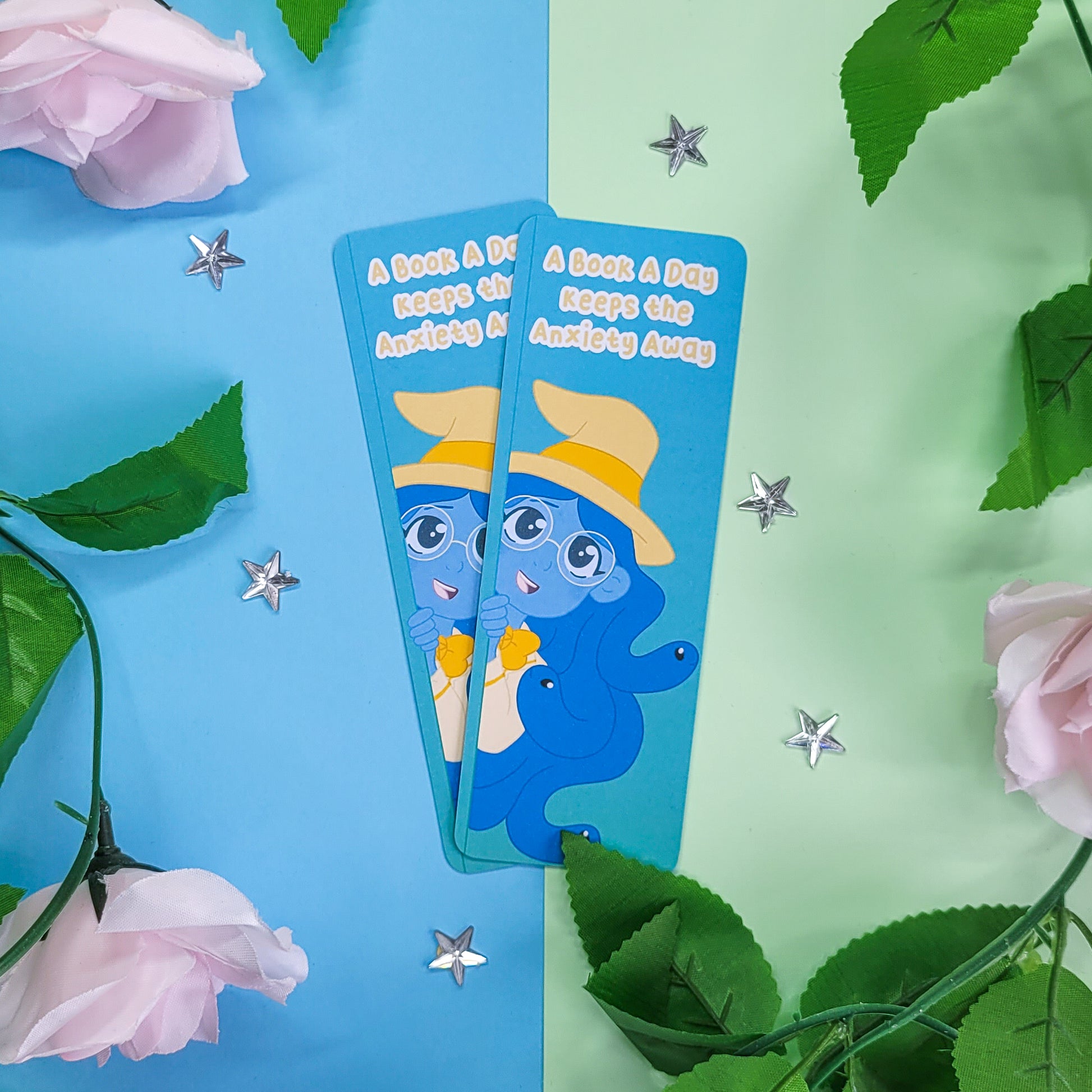 Cute witch bookmark featuring the phrase "a book a day keeps the anxiety away"