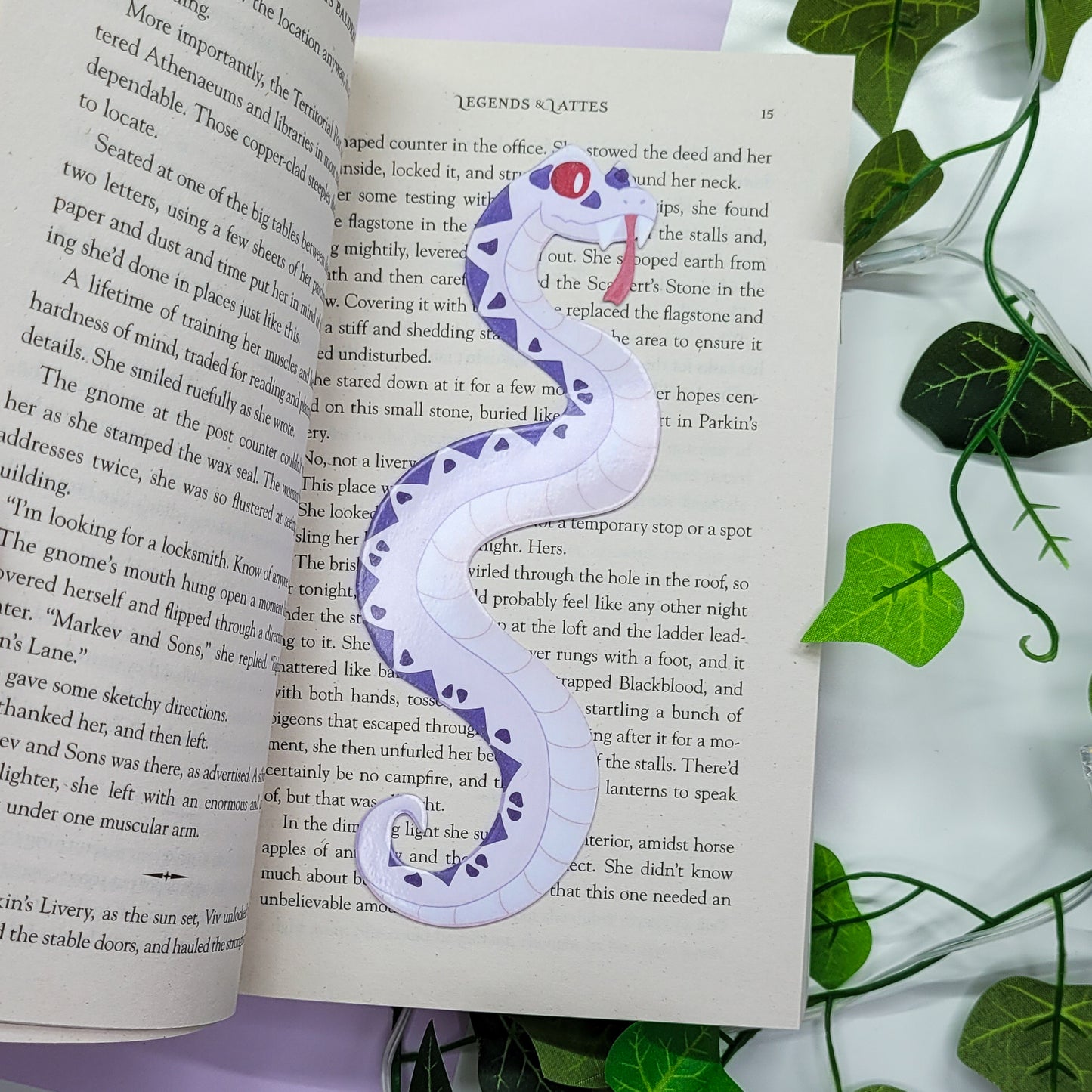 Snake shaped bookmark, Purple and white snake gothic fantasy bookmark