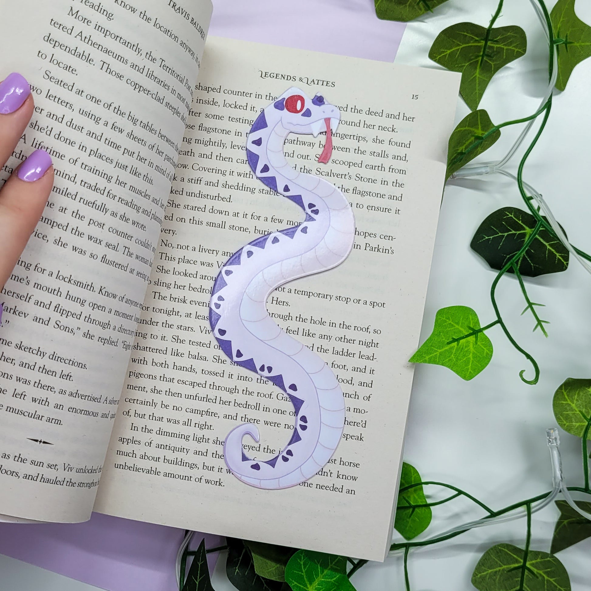 Snake shaped bookmark, Purple and white snake gothic fantasy bookmark
