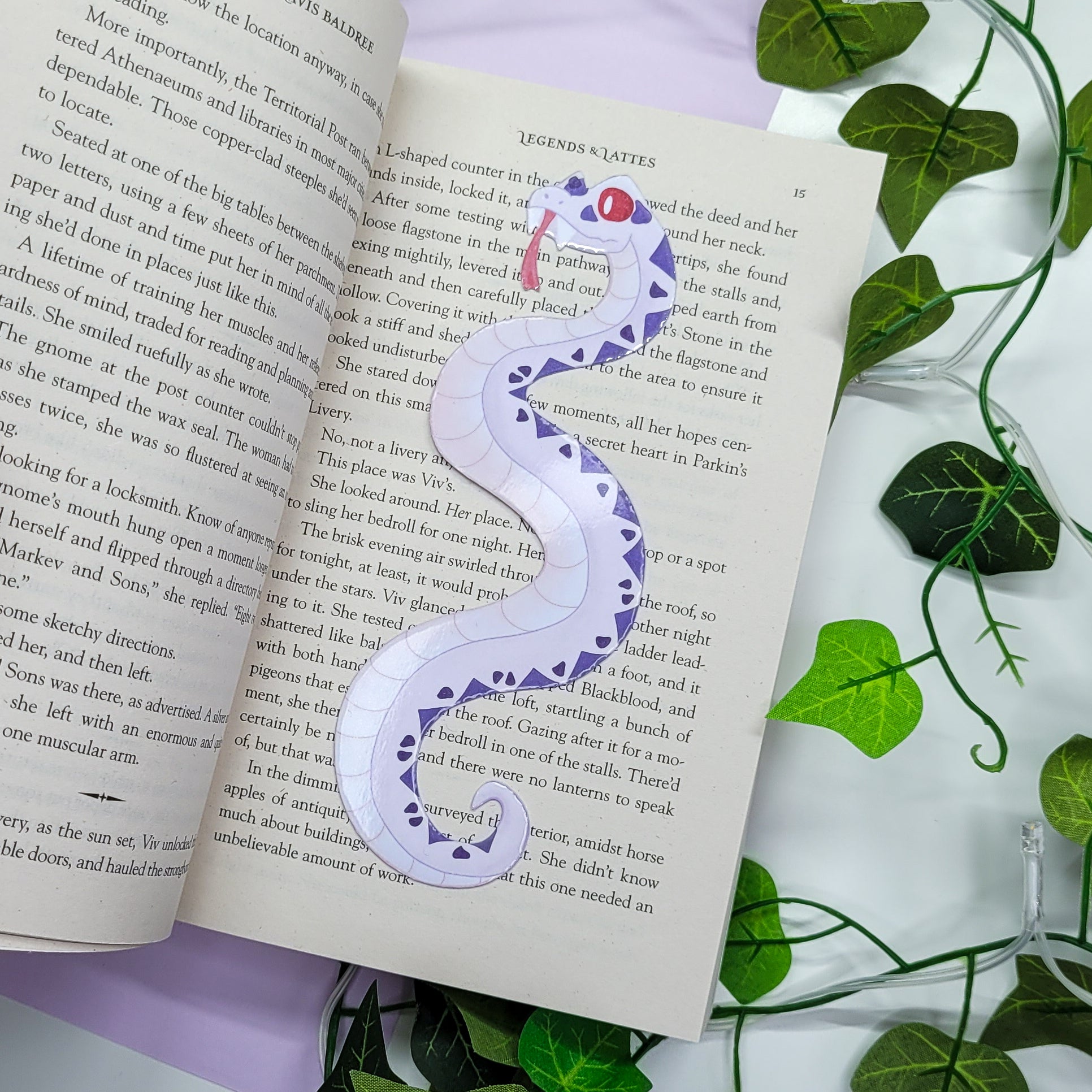 Snake shaped bookmark, Purple and white snake gothic fantasy bookmark