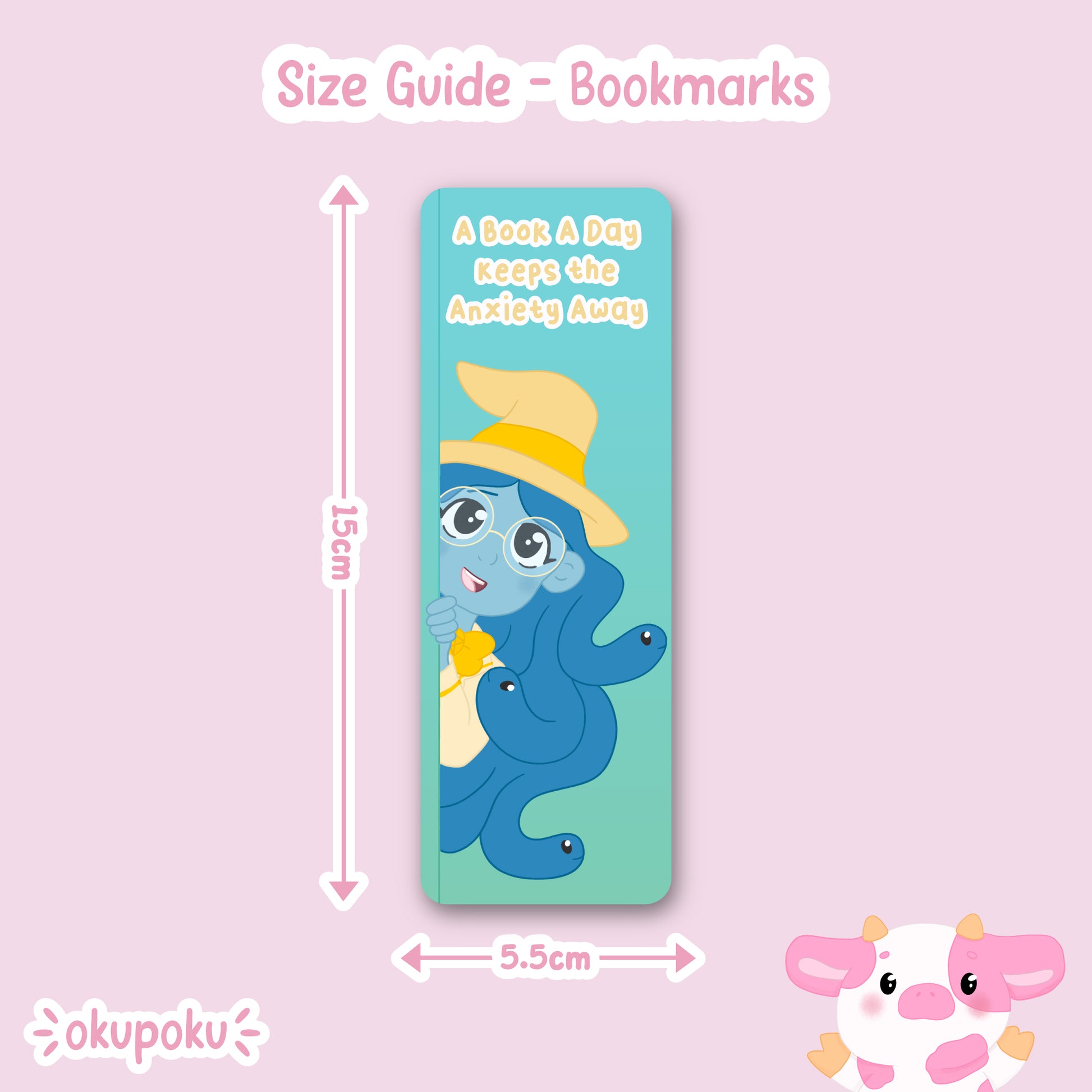 Cute witch bookmark featuring the phrase "a book a day keeps the anxiety away"