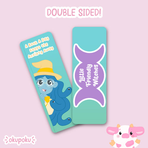 Cute witch bookmark featuring the phrase "a book a day keeps the anxiety away"