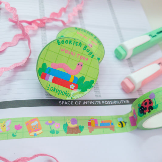 Bookish themed washi tape, featuring different bugs and books, perfect for journals